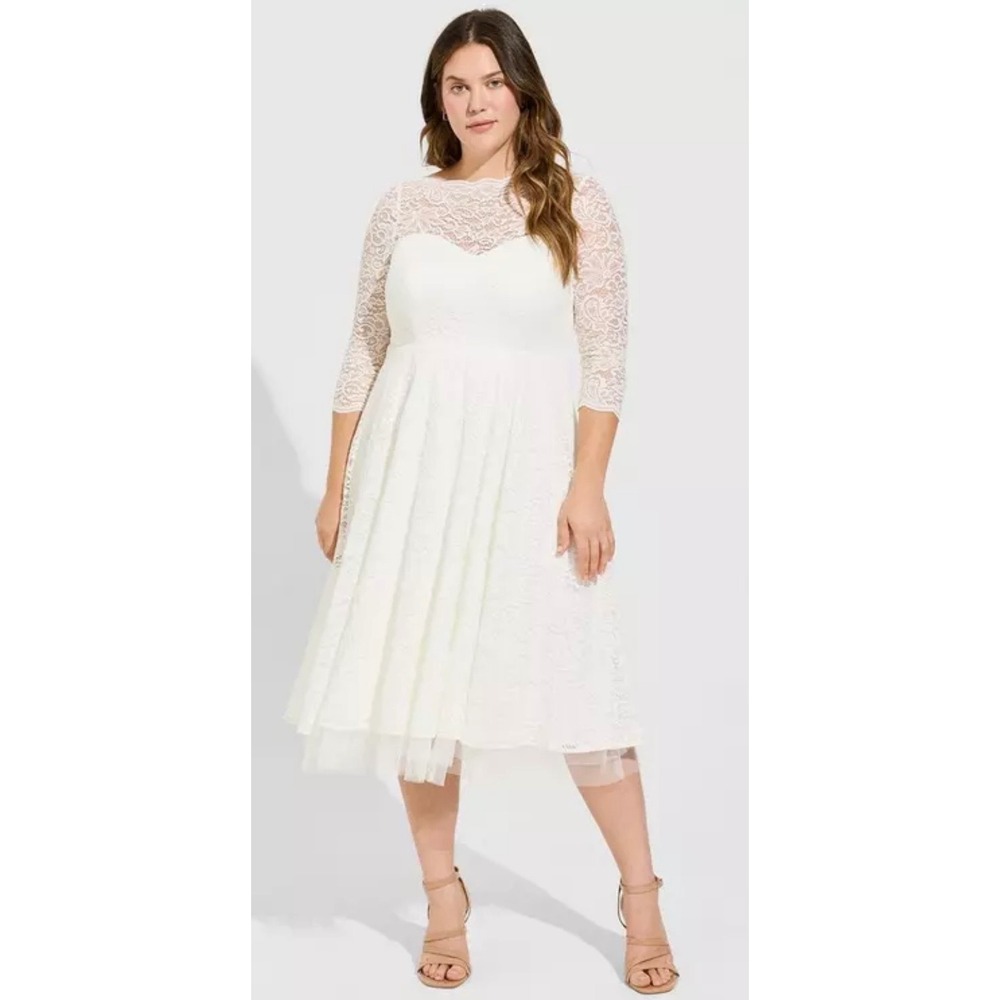 Torrid Special Occasion Ivory Lace Midi Dress 3/4 Wedding Dress Neck Plus 2 2X